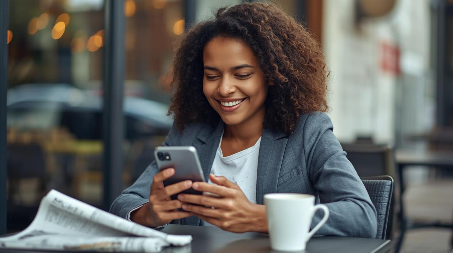 Young professional reading blurred phone screen beside newspaper at sunny outdoor café table.