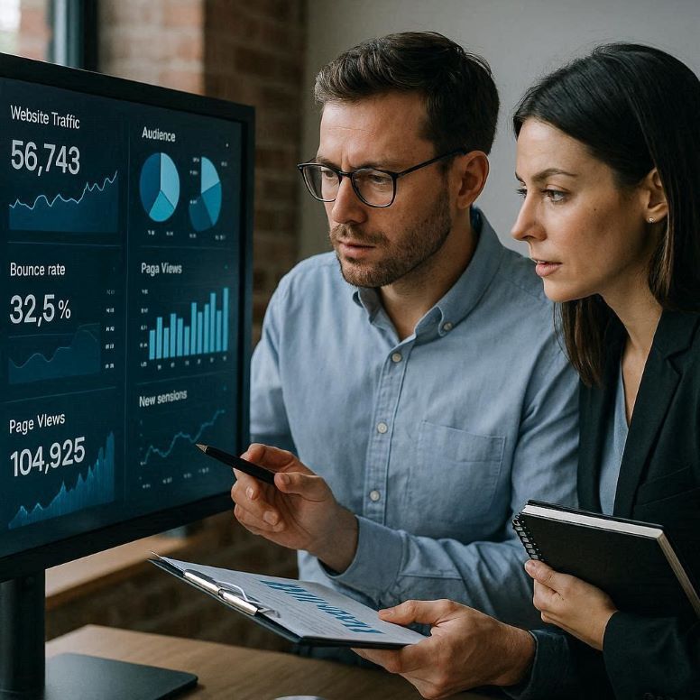 journalists analyzing digital metrics