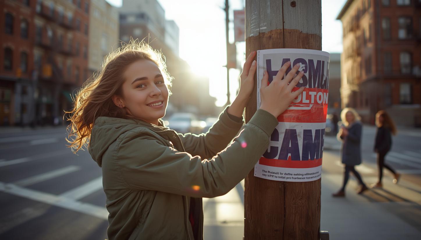 A young woman posts a campaign poster on a New York City sidewalk pole.